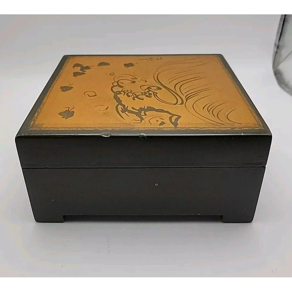 Vtg Hand Painted Wooden Hinged Jewelry Trinket Box ~ Abstract ~ Unique ~ Read